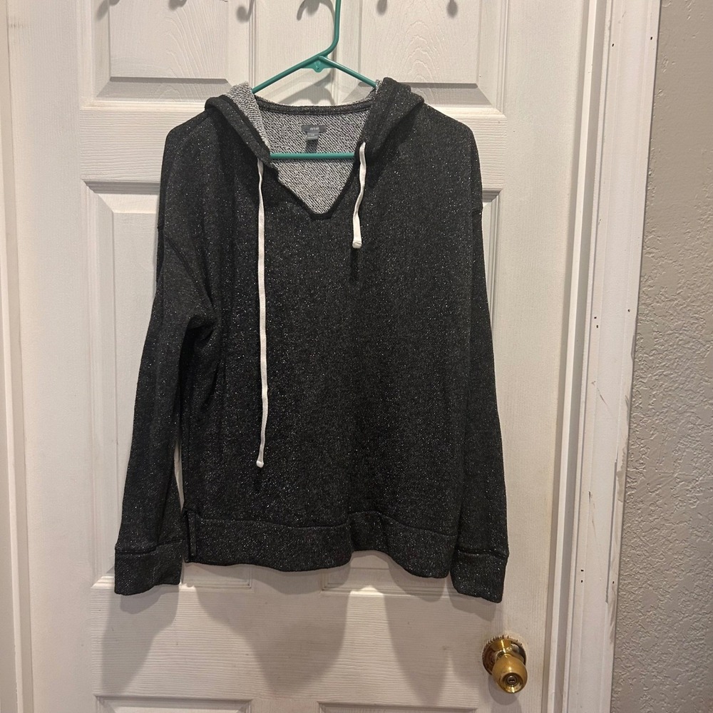 Aerie Womens Large Charcoal Gray Metallic Sparkle V-Neck Pullover Hoodie L